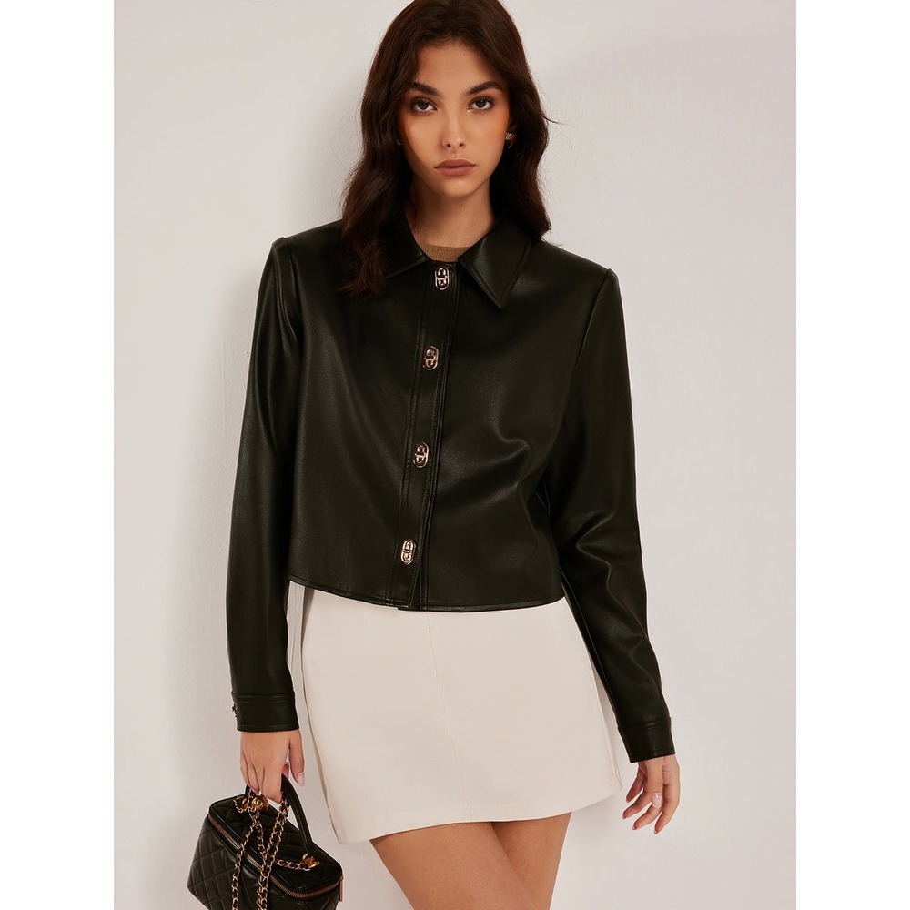 Commense‎ Metal-Button PU Leather Short Jacket Black size S - Picture 3 of 6